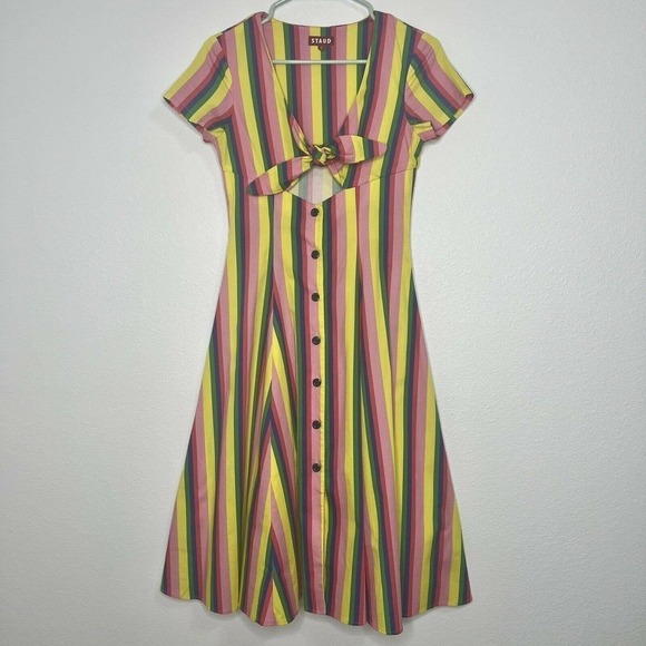 STAUD Alice Pink Colorful Rainbow Striped Poplin V-Neck Tie-Front Dress Sz 2 - Picture 5 of 14